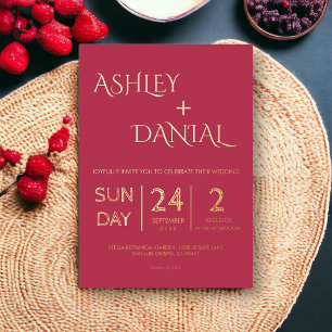 Invitación Con Relieve Metalizado Moderno Boda de caligrafía de oro magenta de clase