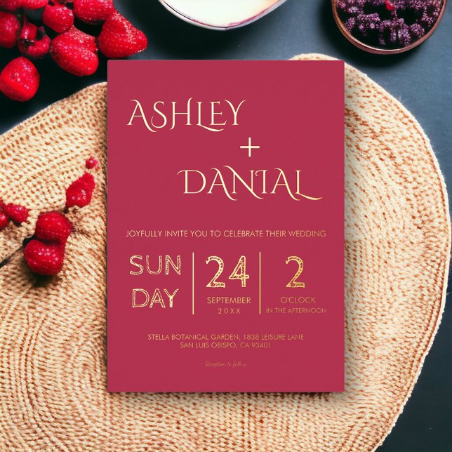 Invitación Con Relieve Metalizado Moderno Boda de caligrafía de oro magenta de clase (Subido por el creador)