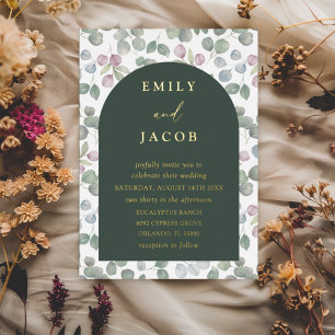 Invitación Con Relieve Metalizado Moderno Boda de Eucaliptos Verde y Oro Oscuro