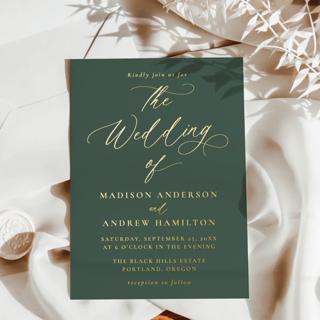 Invitación Con Relieve Metalizado Moderno Boda elegante de caligrafía verde y dorada (Subido por el creador)