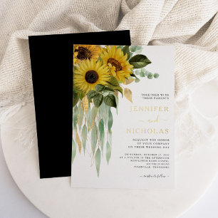 Invitación Con Relieve Metalizado Moderno Boda floral de oro negro y blanco