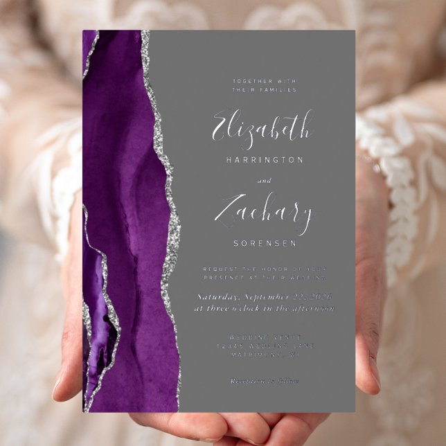 Invitación Con Relieve Metalizado Moderno Boda Gris de Agate de Plata Púrpura (Subido por el creador)