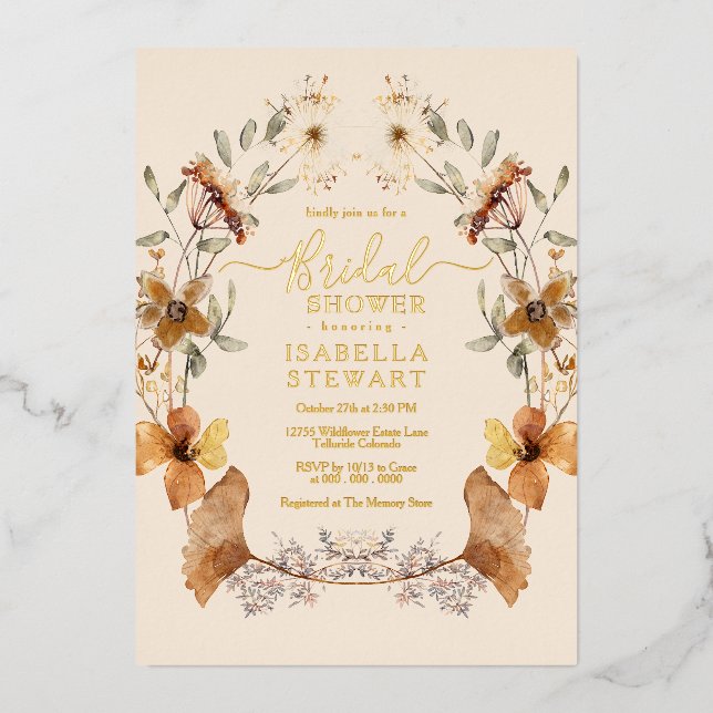 Invitación Con Relieve Metalizado Moderno Boho Wildflower Elegante Ducha Bridal (Anverso)