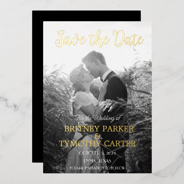 Invitación Con Relieve Metalizado Moderno código QR guión de foto Boda negro (Anverso/Reverso)