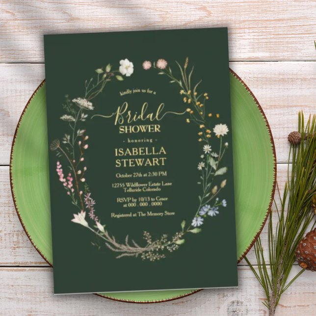 Invitación Con Relieve Metalizado Moderno Dark Green Wildflower Rustic Bridal Shower (Subido por el creador)