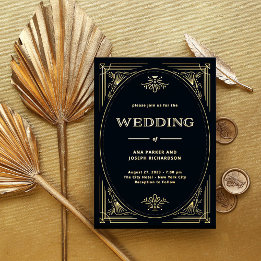 Invitación Con Relieve Metalizado Moderno Deco | Boda elegante negro y dorado