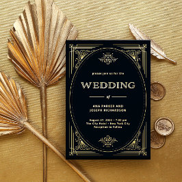 Invitación Con Relieve Metalizado Moderno Deco | Boda elegante negro y dorado