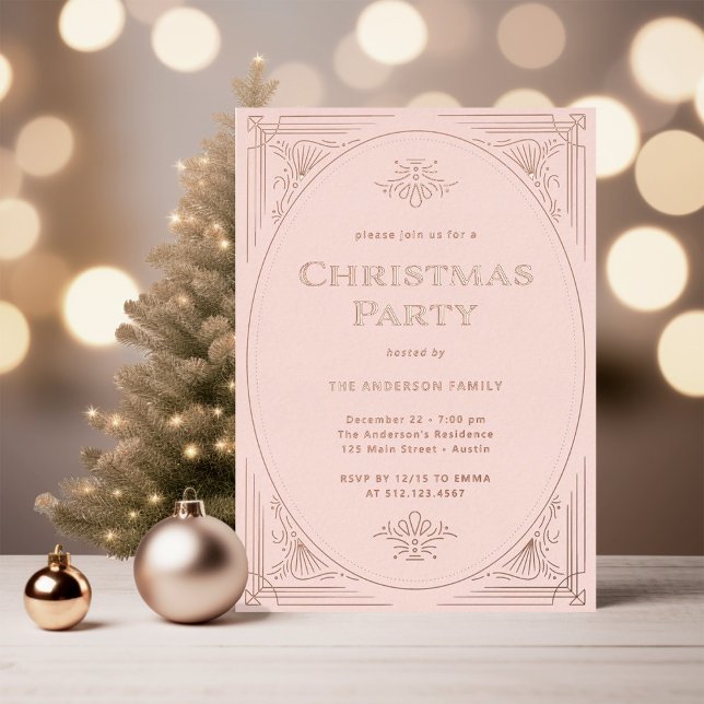 Invitación Con Relieve Metalizado Moderno Deco Elegante Navidades Rosa Fiesta Rosa O (An elegant, art deco style Christmas party invitation in blush pink with rose gold foil)