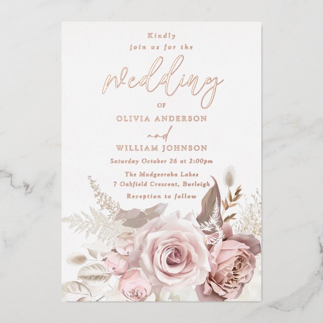 Invitación Con Relieve Metalizado Moderno Divine Rosa Gold Rubor All Seasons Boda (Anverso)
