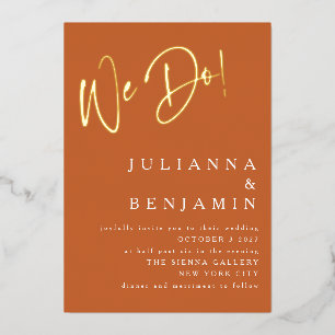 Invitación Con Relieve Metalizado Moderno Elegante Boda Naranja Quemado Oro