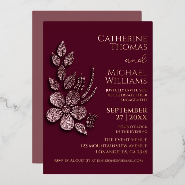 Invitación Con Relieve Metalizado Moderno Elegante Rosa Dorado Brillante Floral y Bu (Anverso/Reverso)