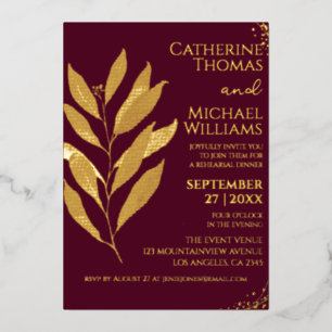 Invitación Con Relieve Metalizado Moderno ensayo Boda de la hoja de oro de Borgoña C