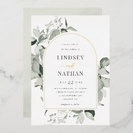 Invitación Con Relieve Metalizado Moderno Eucalyptus Arch Boda Gold
