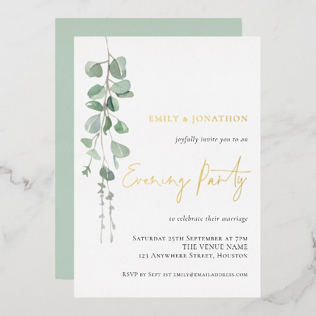 Invitación Con Relieve Metalizado Moderno Eucalyptus Boda Fiesta Noche Real (Anverso/Reverso)