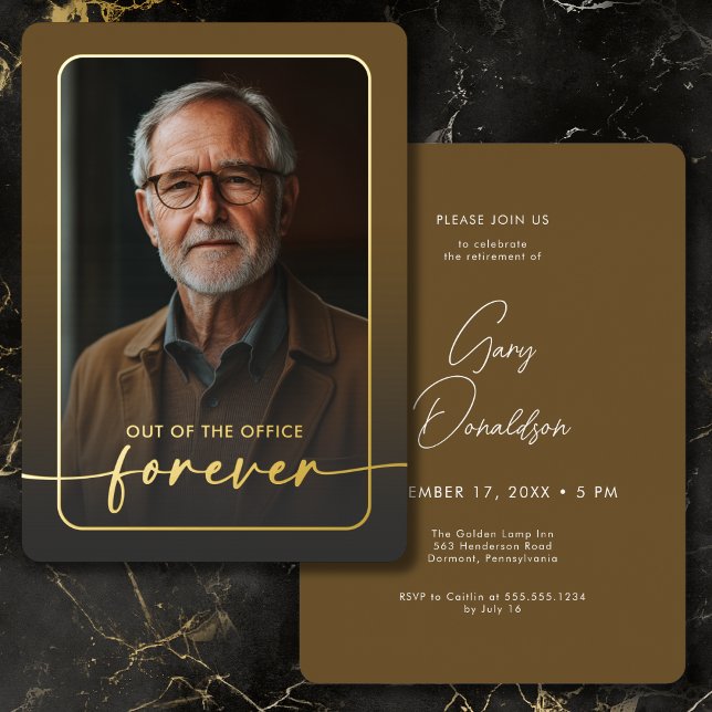 Invitación Con Relieve Metalizado Moderno Fiesta de retiro de foto marrón minimalist (Modern Minimal Brown Photo Retirement Party Foil Invitation)