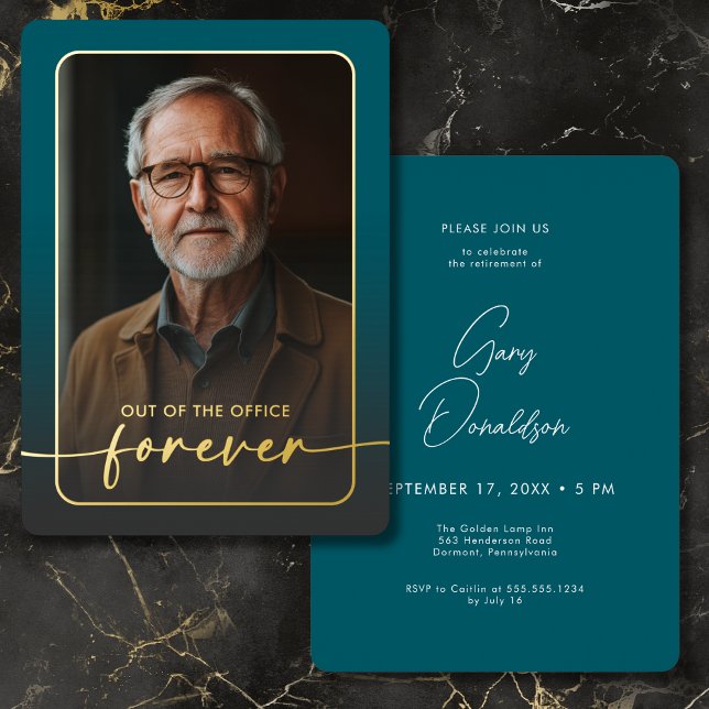 Invitación Con Relieve Metalizado Moderno Fiesta de retiro de foto Verde azulado mín (Modern Minimal Teal Photo Retirement Party Foil Invitation)