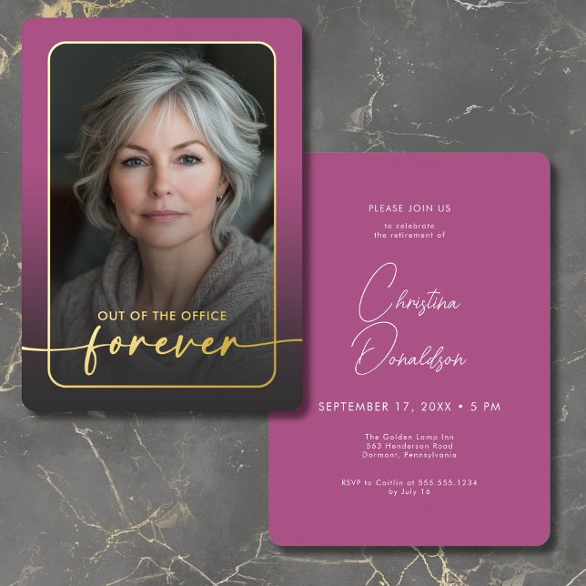 Invitación Con Relieve Metalizado Moderno Fiesta de retiro fotográfico de color rosa (Modern Minimal Pink Photo Retirement Party Foil Invitation)