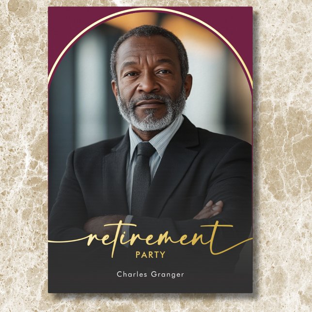 Invitación Con Relieve Metalizado Moderno Fiesta Mínimo de Jubilación de Borgoña (Modern Minimal Burgundy Retirement Party Foil Invitation)