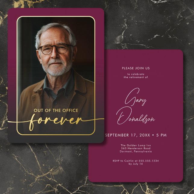 Invitación Con Relieve Metalizado Moderno Fiesta Mínimo de Retirada de Fotos de Borg (Modern Minimal Burgundy Photo Retirement Party Foil Invitation)