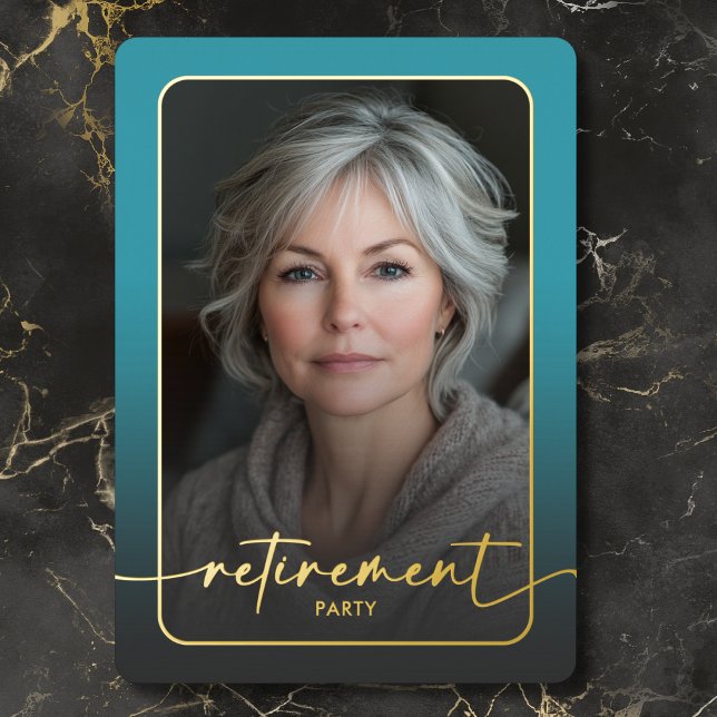 Invitación Con Relieve Metalizado Moderno Fiesta Mínimo Turquesa de Retirada de Foto (Modern Minimal Turquoise Photo Retirement Party Foil Invitation)