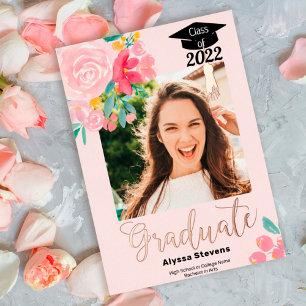 Invitación Con Relieve Metalizado Moderno floral acuarela chic 2 fotos graduación