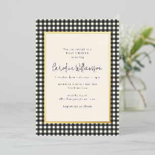 Invitación Con Relieve Metalizado Moderno Gingham de cuadros en negro y blanco Baby 