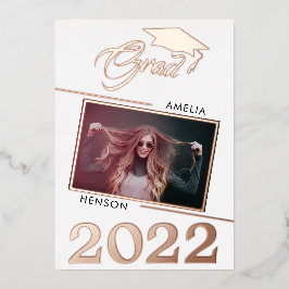 Invitación Con Relieve Metalizado Moderno Graduado 2 Foto Graduada Rosa Oro