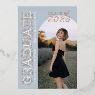 Invitación Con Relieve Metalizado Moderno Gris Azul Polvoriento Foto Graduación Rosa