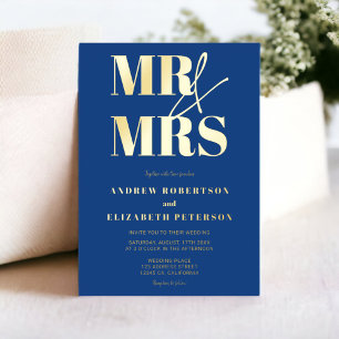 Invitación Con Relieve Metalizado Moderno guión azul de Mr Mrs en negrita para foto