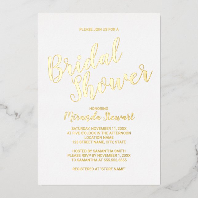 Invitación Con Relieve Metalizado Moderno guión Bridal Shower Gold (Anverso)