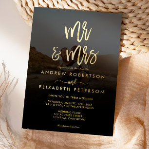 Invitación Con Relieve Metalizado Moderno guión de Sr Sra foto simple boda oro