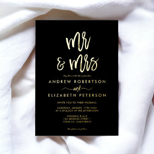 Invitación Con Relieve Metalizado Moderno guión de Sr Sra simple boda oro