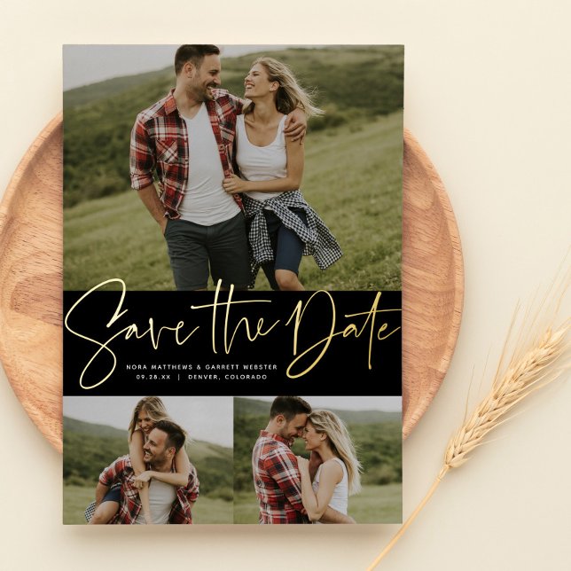 Invitación Con Relieve Metalizado Moderno guión trendy tres foto guardar la fecha (Subido por el creador)