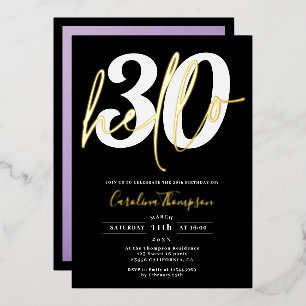 Invitación Con Relieve Metalizado Moderno hola 30 cumpleaños foto negro dorado scrip