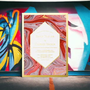 Invitación Con Relieve Metalizado Moderno Lava Mínima Colorida Resumen Boda Oro