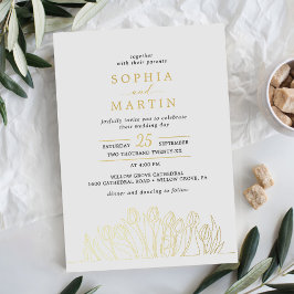 Invitación Con Relieve Metalizado Moderno Line Art Floral Boda Gold