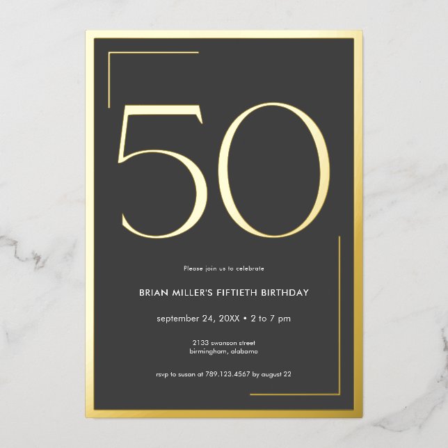Invitación Con Relieve Metalizado Moderno Minimal Elegante Cincuenta Años (Anverso)
