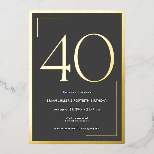 Invitación Con Relieve Metalizado Moderno Minimal Elegante Cuarenta Cumpleaños (Anverso)