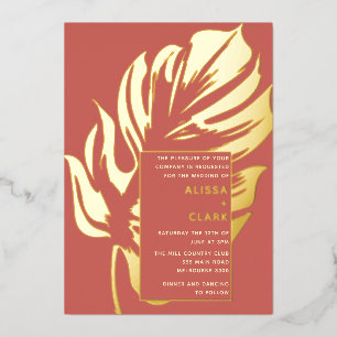 Invitación Con Relieve Metalizado Moderno Minimalista Elegante Hoja de Monstera Boda
