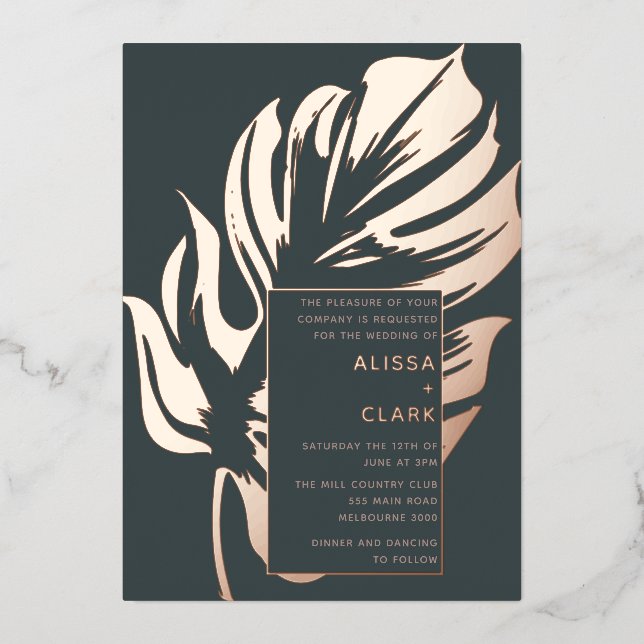 Invitación Con Relieve Metalizado Moderno Minimalista elegante Monstera Boda de hoja (Anverso)