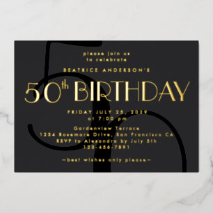 Invitación Con Relieve Metalizado Moderno Minimalista Negro 50 años de oro