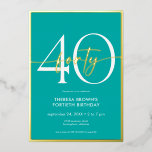 Invitación Con Relieve Metalizado Moderno Mínimo Aqua Cuarenta Guiones Cumpleaños<br><div class="desc">Moderna y moda,  esta invitación de cumpleaños combina el agua y el blanco clásicos con acentos de verdadero Relieve metalizado de oro. Su diseño mínimo es un diseño simple y divertido para celebrar el cumpleaños del hito. Creado por Simply Farmhouse Press.</div>
