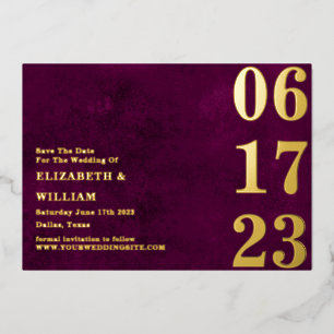 Invitación Con Relieve Metalizado Moderno Mínimo Burgundy Gold Photo Save The Date