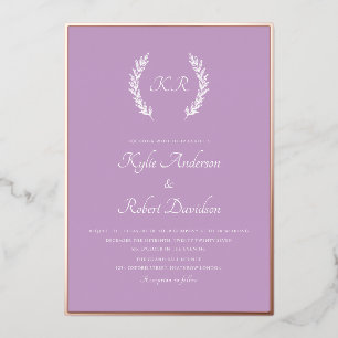 Invitación Con Relieve Metalizado Moderno Mínimo Floral Monograma Lavanda Rosa Oro