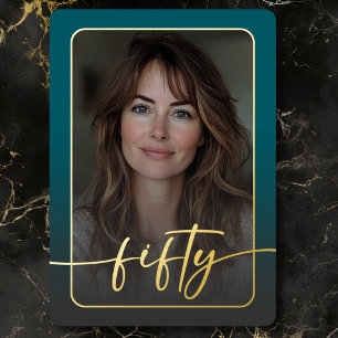 Invitación Con Relieve Metalizado Moderno Mínimo Foto Verde azulada Cincuenta Años