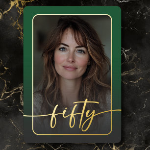 Invitación Con Relieve Metalizado Moderno Mínimo Foto Verde Cincuenta Años