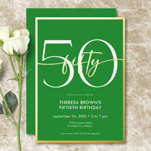 Invitación Con Relieve Metalizado Moderno Mínimo Verde Cincuenta Guiones Cumpleaños