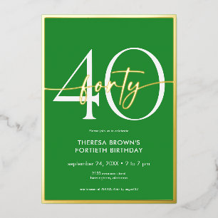 Invitación Con Relieve Metalizado Moderno Mínimo Verde Cuarenta Guiones Cumpleaños