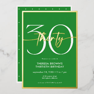 Invitación Con Relieve Metalizado Moderno Mínimo Verde Treinta Guión Cumpleaños
