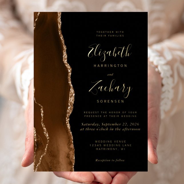 Invitación Con Relieve Metalizado Moderno Mocha Brown Gold Agate Boda negro (Subido por el creador)